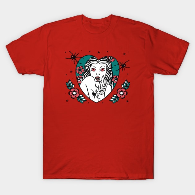 Sexy Vampire Woman with Spiders T-Shirt by SLAG_Creative